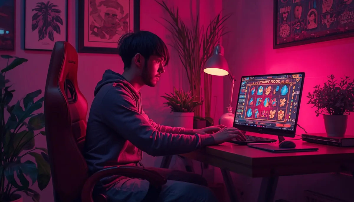 Um jogador diante de um monitor com caça-níqueis online, num quarto à luz rosa