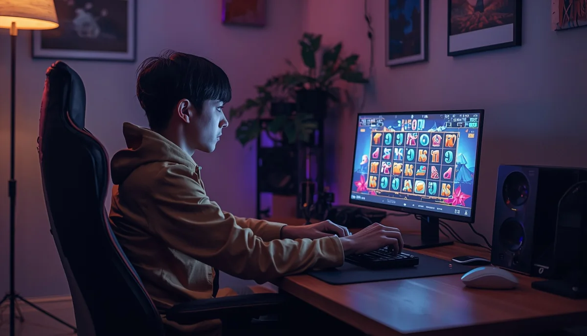 Um jogador diante de um monitor com caça-níqueis online, num quarto à luz roxa