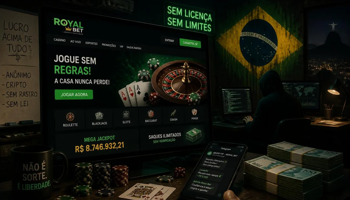 Ilustração noturna: monitor com o lobby de um cassino fictício, fichas, cartas e maços de notas diante da bandeira do Brasil