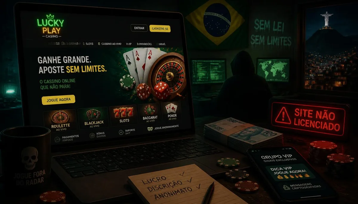 Ilustração noturna: notebook com o lobby de um cassino fictício, fichas e um aviso de site não licenciado