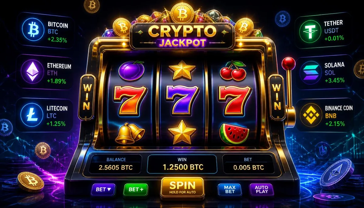 Ilustração de um caça-níquel cripto com três setes, saldo e aposta em BTC e cotações de moedas ao lado